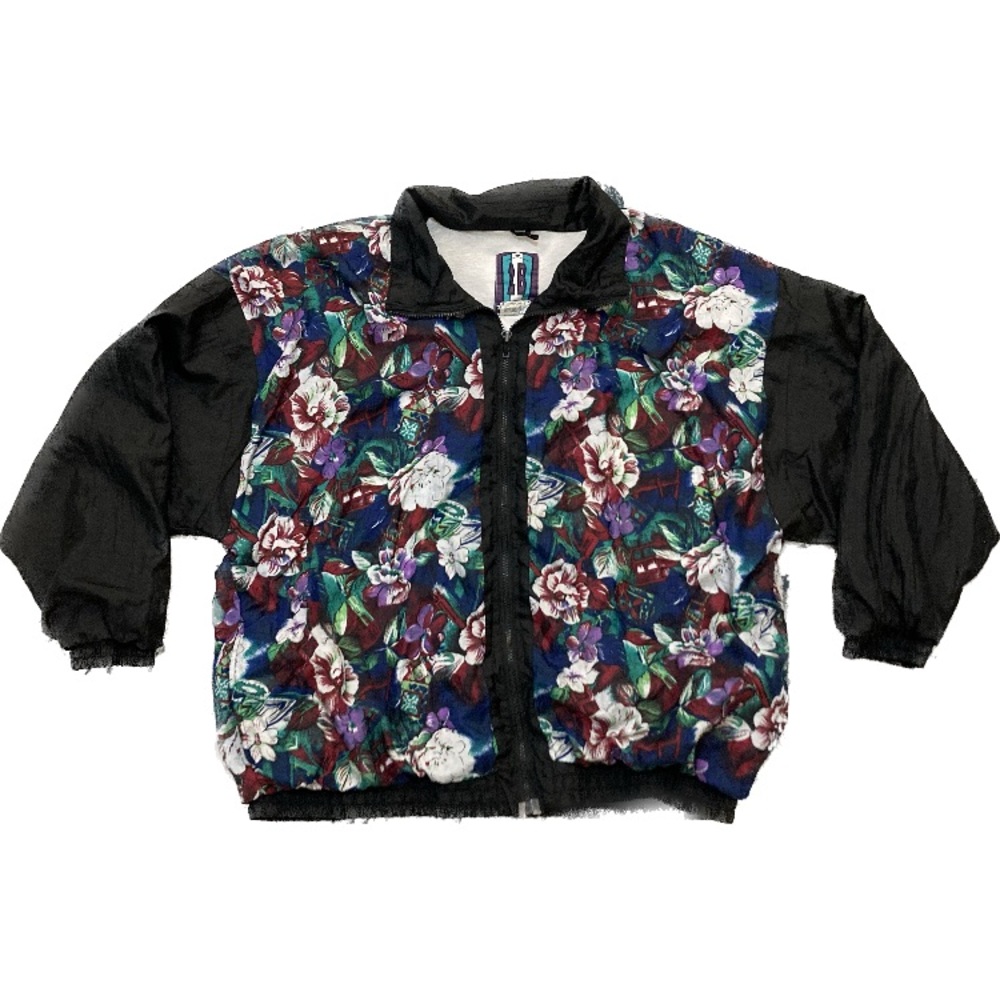 C01 2B Active 80s 90s Floral Windbreaker Bomber Jacket VTG Black Colorful Sz 1X